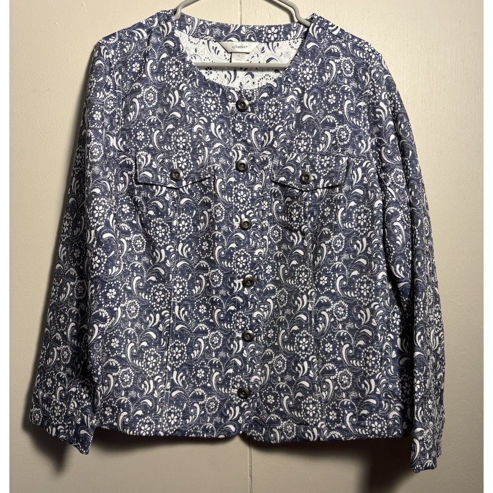 CJ Banks Womens Plus 1X Blue White Floral Button Front Lightweight Jacket